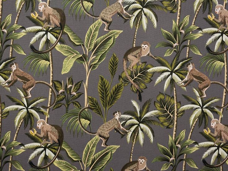 Heavy Cotton Printed Panama Curtain Fabric, Monkey Jungle, Grey