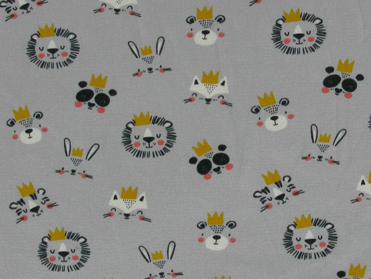Lion Friends Cotton Jersey Print, Silver