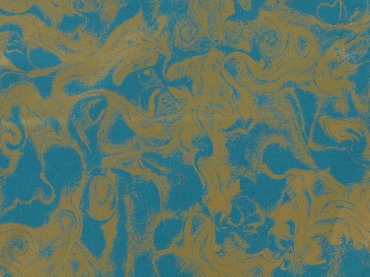 Liquid Swirl Gold Foil Cotton Print, Teal