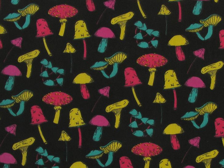 Magical Mushrooms Polycotton Print, Black