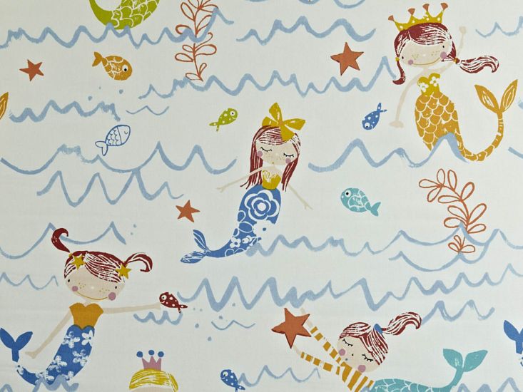 Mermaid Doodle Cotton Curtain, Azure