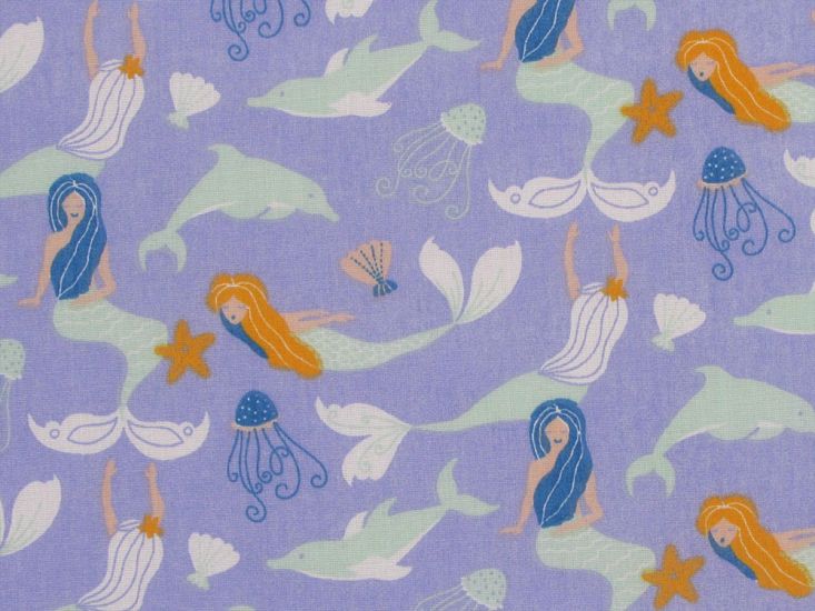 Mermaids and Dolphins Polycotton Print, Lilac