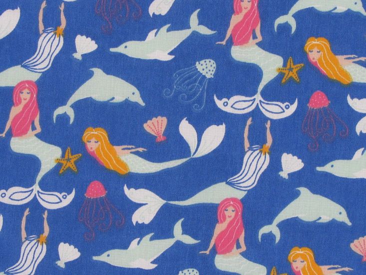 Mermaids and Dolphins Polycotton Print, Royal