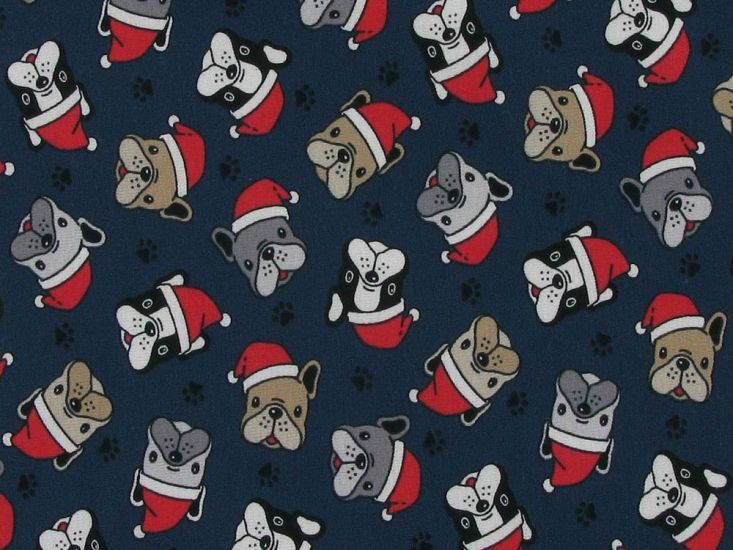 Merry Bulldogs Christmas Cotton Jersey Print, Navy