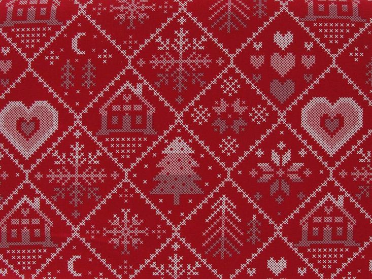 Snowflake Grid Knit Christmas Cotton Print, Red
