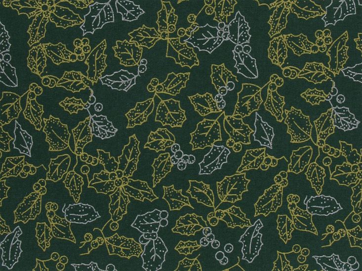 Metallic Foil Christmas Cotton, Holly Outline, Green