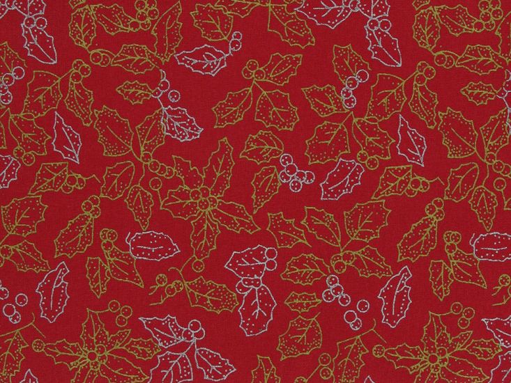 Metallic Foil Christmas Cotton, Holly Outline, Red