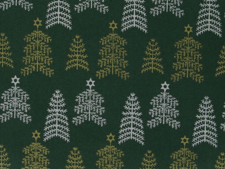 Metallic Foil Christmas Cotton, Star Trees, Green