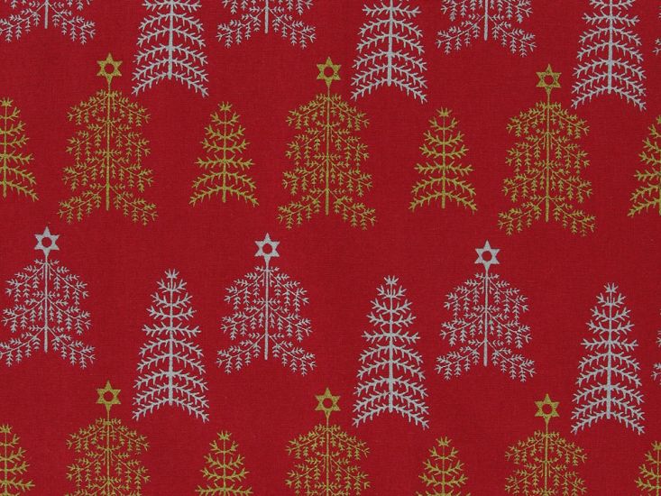 Metallic Foil Christmas Cotton, Star Trees, Red
