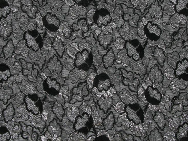 Metallic Foil Petals Scalloped Edged Lace, Black