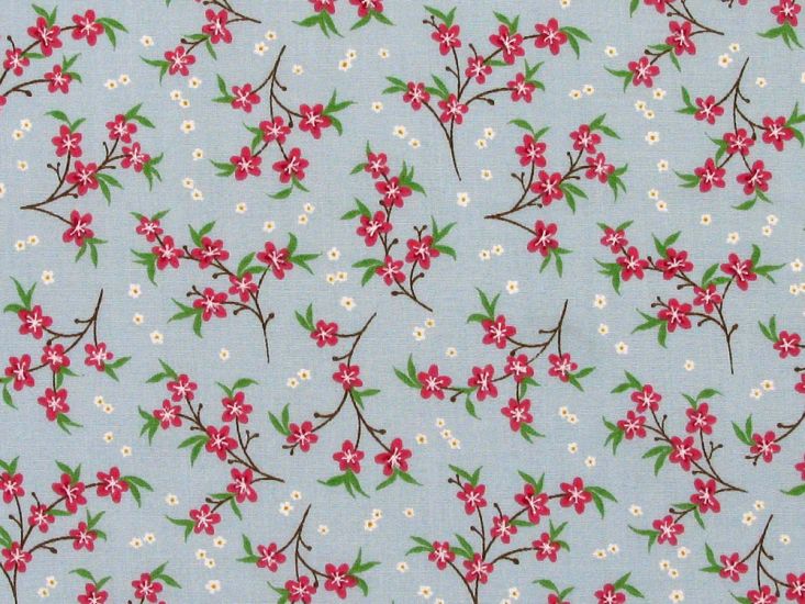 Mini Blossom Polycotton Print, Blue and Red