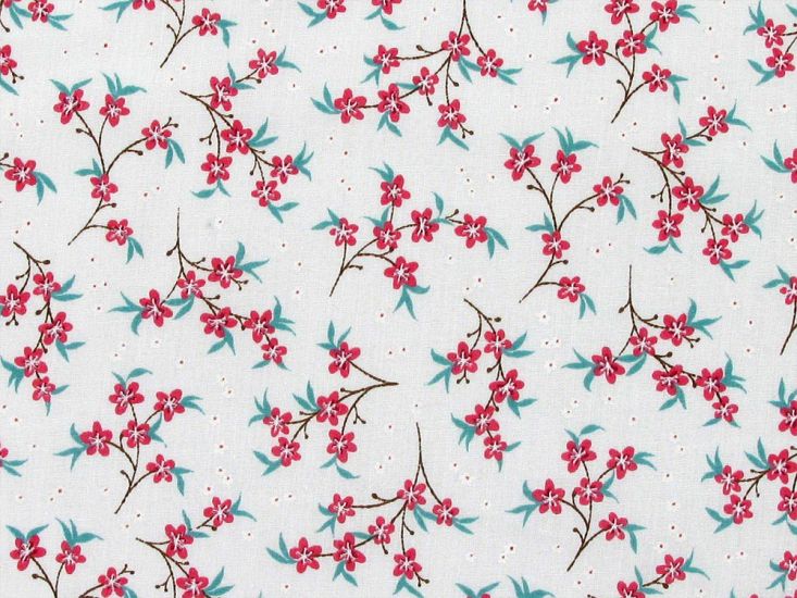 Mini Blossom Polycotton Print, White and Red