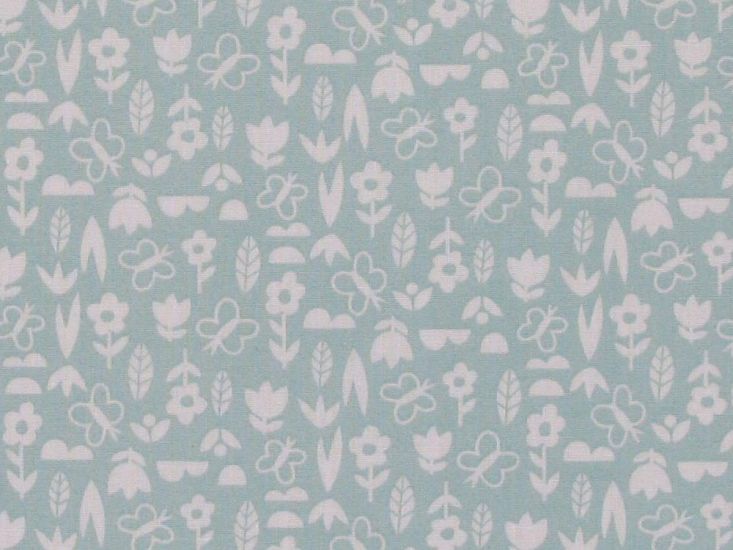 Mini Floral Garden Polycotton Print, Baby Blue