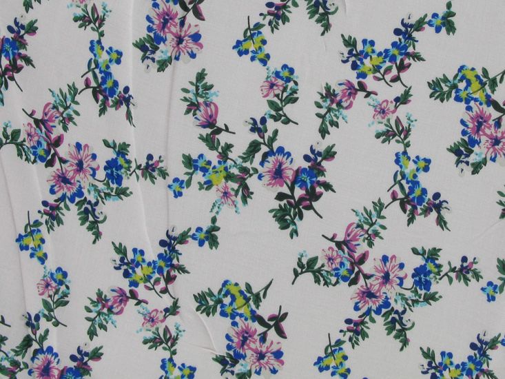 Narcissus Flower Viscose Print, Pink and Blue