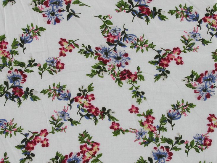 Narcissus Flower Viscose Print, Red and Blue