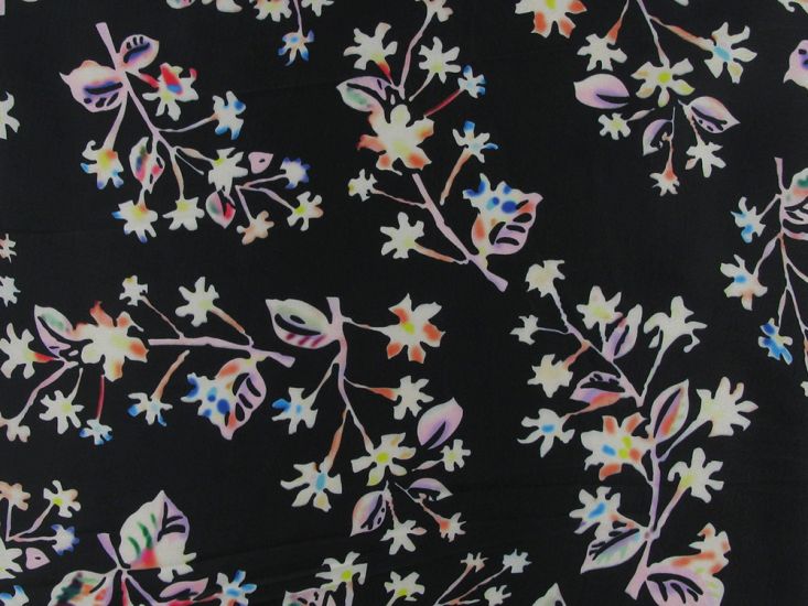 Painted Floral Vines Faux Silk Charmeuse, Black