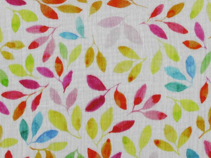 Painted Leaves Cotton Double Gauze, White
