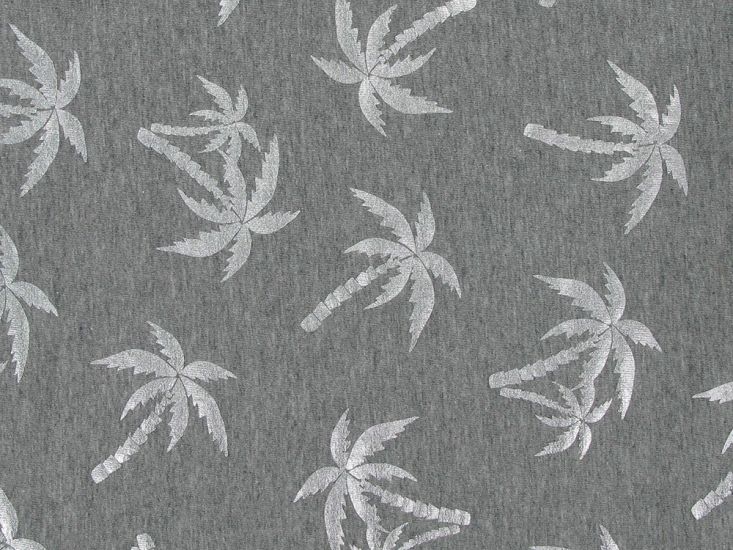Palm Tree Foil Cotton Jersey, Grey And Silver
