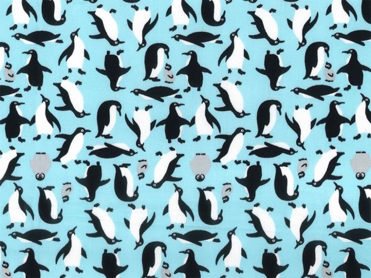 Penguin Family Cotton Poplin Print, Blue