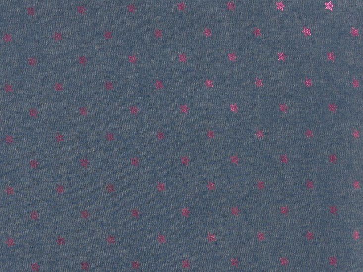 Pink Stars Foil Printed Chambray, Blue
