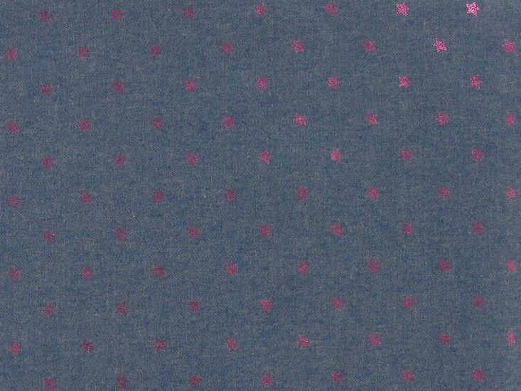 Pink Stars Foil Printed Chambray, Blue