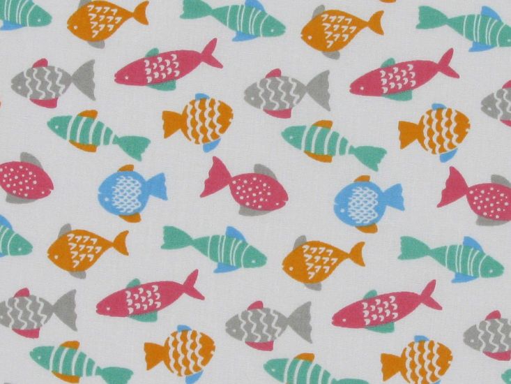 Fish Flash Polycotton Print, White