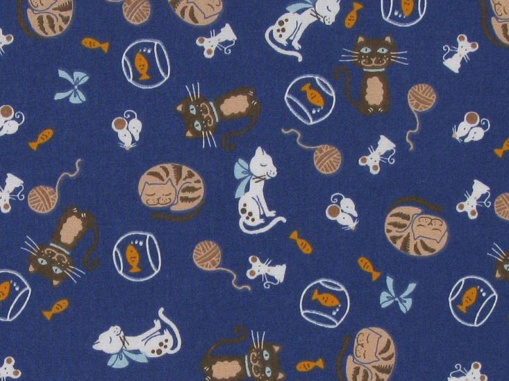 Kitty Snooze Polycotton Print, Blue