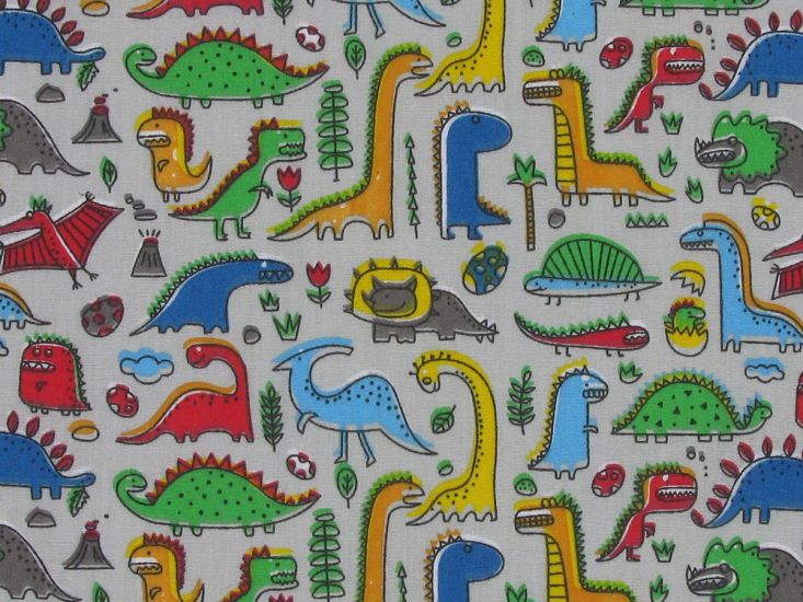 Dinosaur Adventure Polycotton Print, Silver