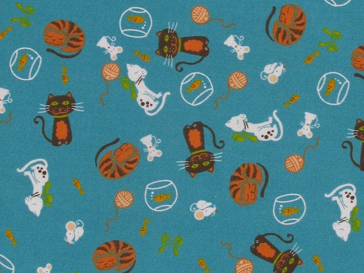 Kitty Snooze Polycotton Print, Turquoise