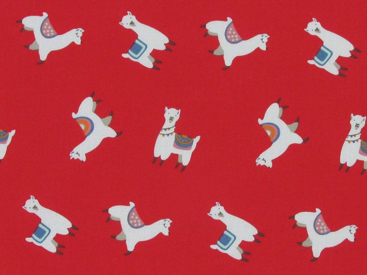 Llama Party Polycotton, Red