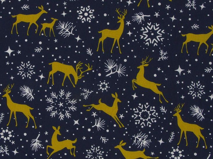 Prancing Reindeers Christmas Polycotton, Navy