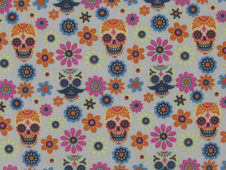 Psychedelic Floral Skulls Polycotton, Grey