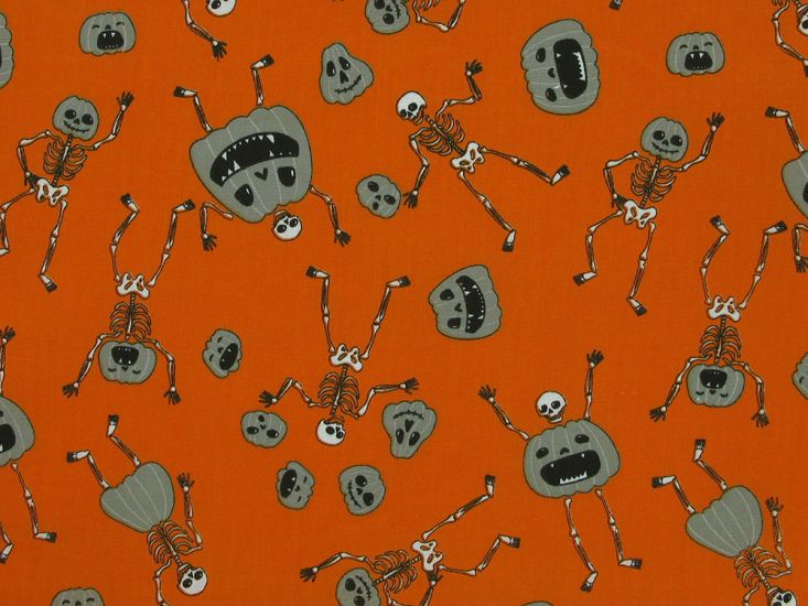 Pumpkin Skeletons Halloween Polycotton, Orange