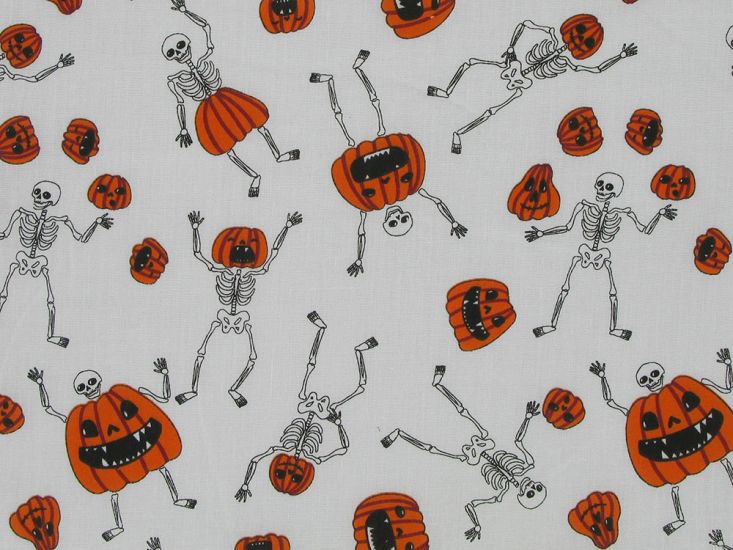 Pumpkin Skeletons Halloween Polycotton, White