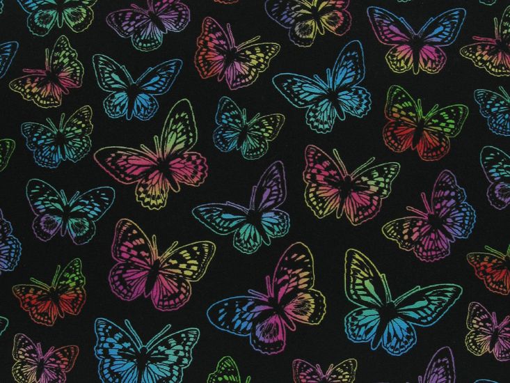 Rainbow Butterflies Cotton Print, Black