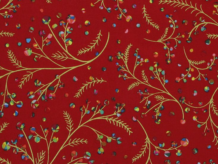 Rainbow Christmas Metallic Cotton Print, Berries, Red