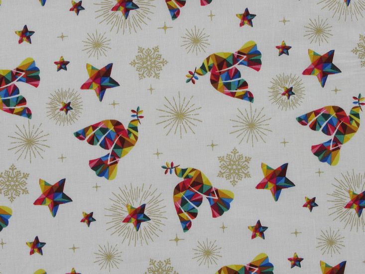 Rainbow Christmas Metallic Cotton Print, Doves, Cream