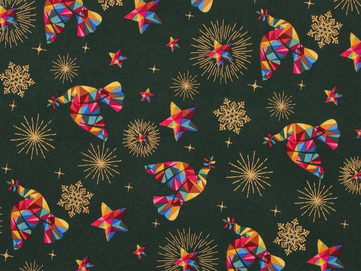 Rainbow Christmas Metallic Cotton Print, Doves, Green