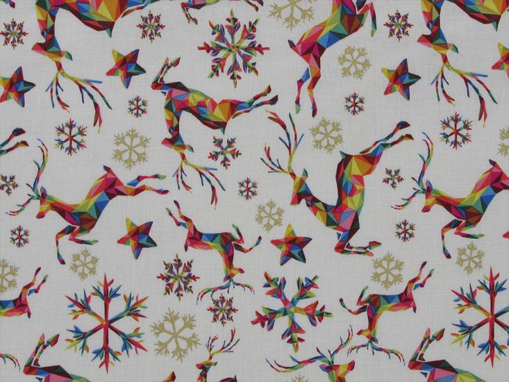 Rainbow Christmas Metallic Cotton Print, Reindeer, Cream