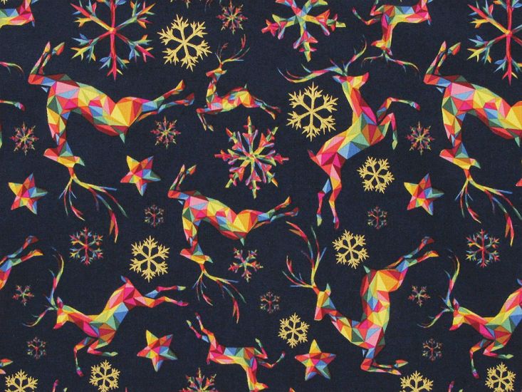 Rainbow Christmas Metallic Cotton Print, Reindeer, Navy