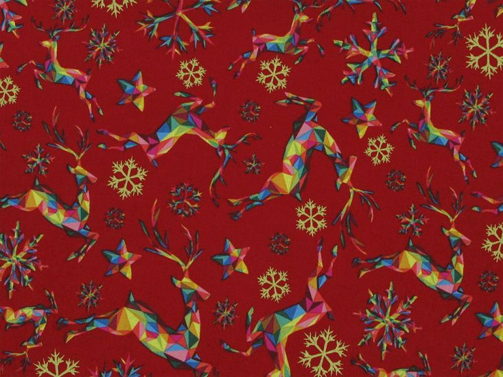 Rainbow Christmas Metallic Cotton Print, Reindeer, Red