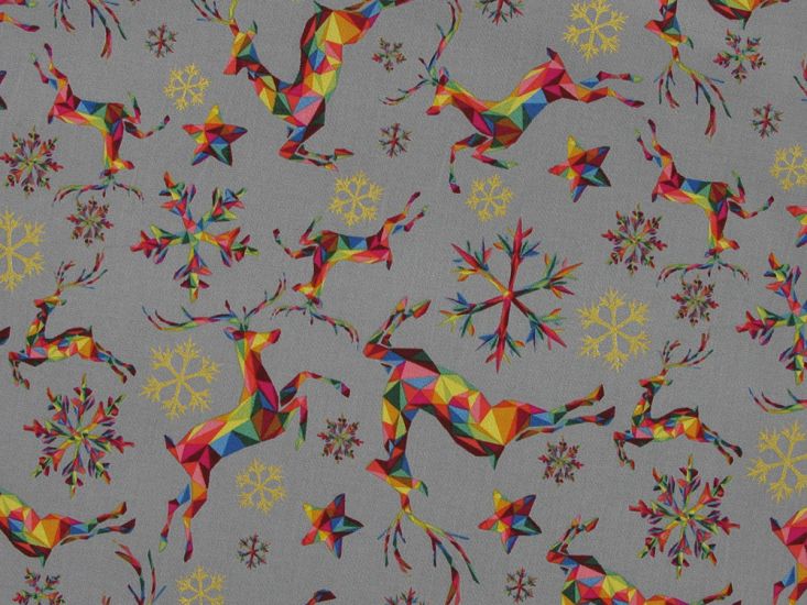 Rainbow Christmas Metallic Cotton Print, Reindeer, Silver