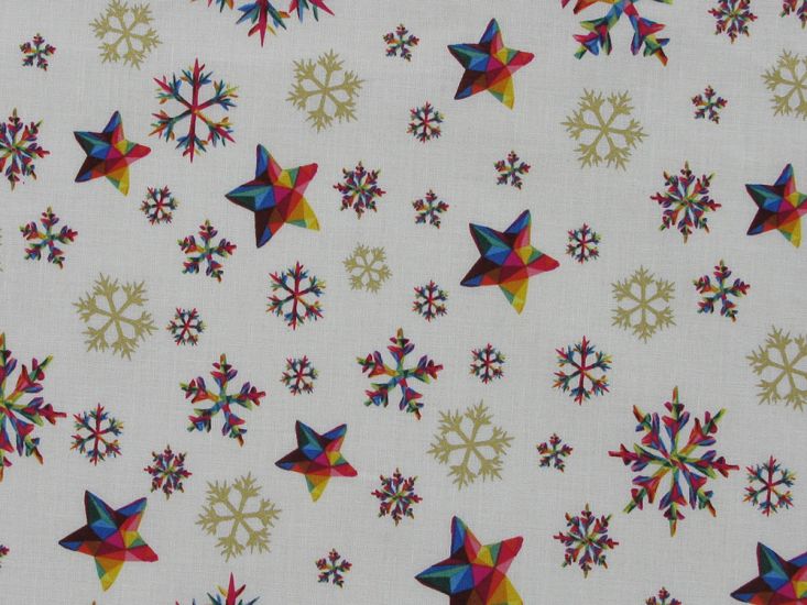 Rainbow Christmas Metallic Cotton Print, Snowflake, Cream