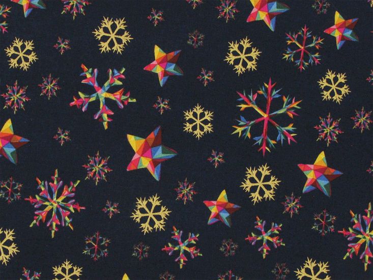 Rainbow Christmas Metallic Cotton Print, Snowflake, Navy