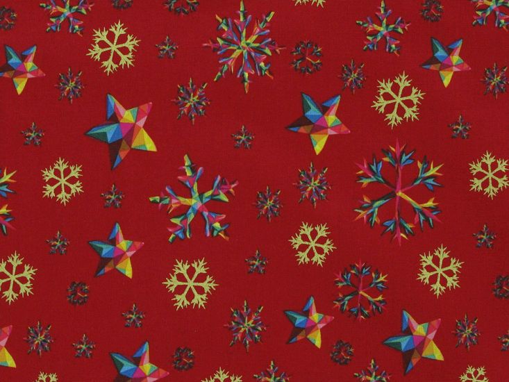 Rainbow Christmas Metallic Cotton Print, Snowflake, Red