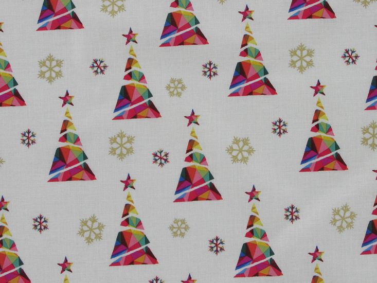 Rainbow Christmas Metallic Cotton Print, Tree, Cream