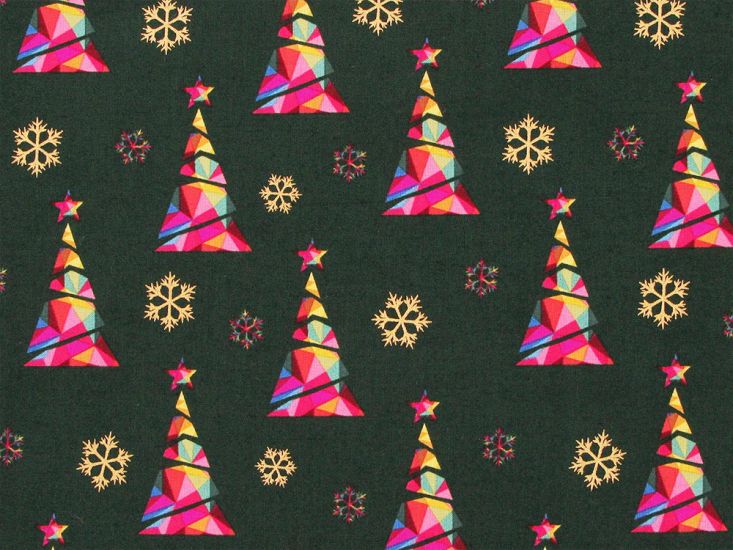 Rainbow Christmas Metallic Cotton Print, Tree, Green