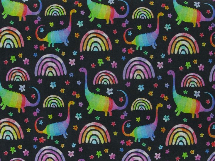 Rainbow Dino Cotton Print, Black
