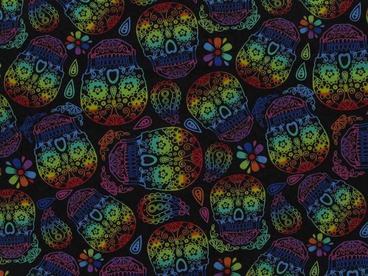 Rainbow Sugar Skulls Polycotton Print, Black