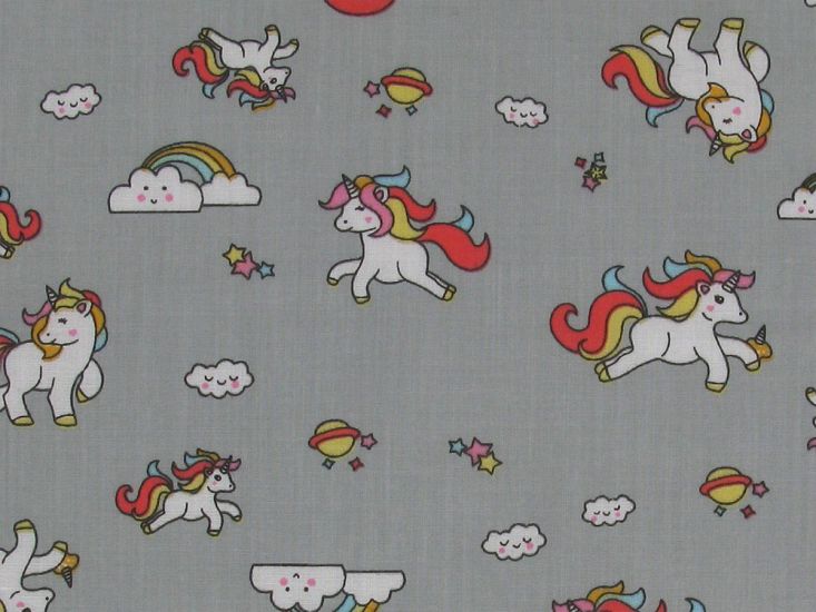 Rainbow Unicorn World Polycotton Print, Grey